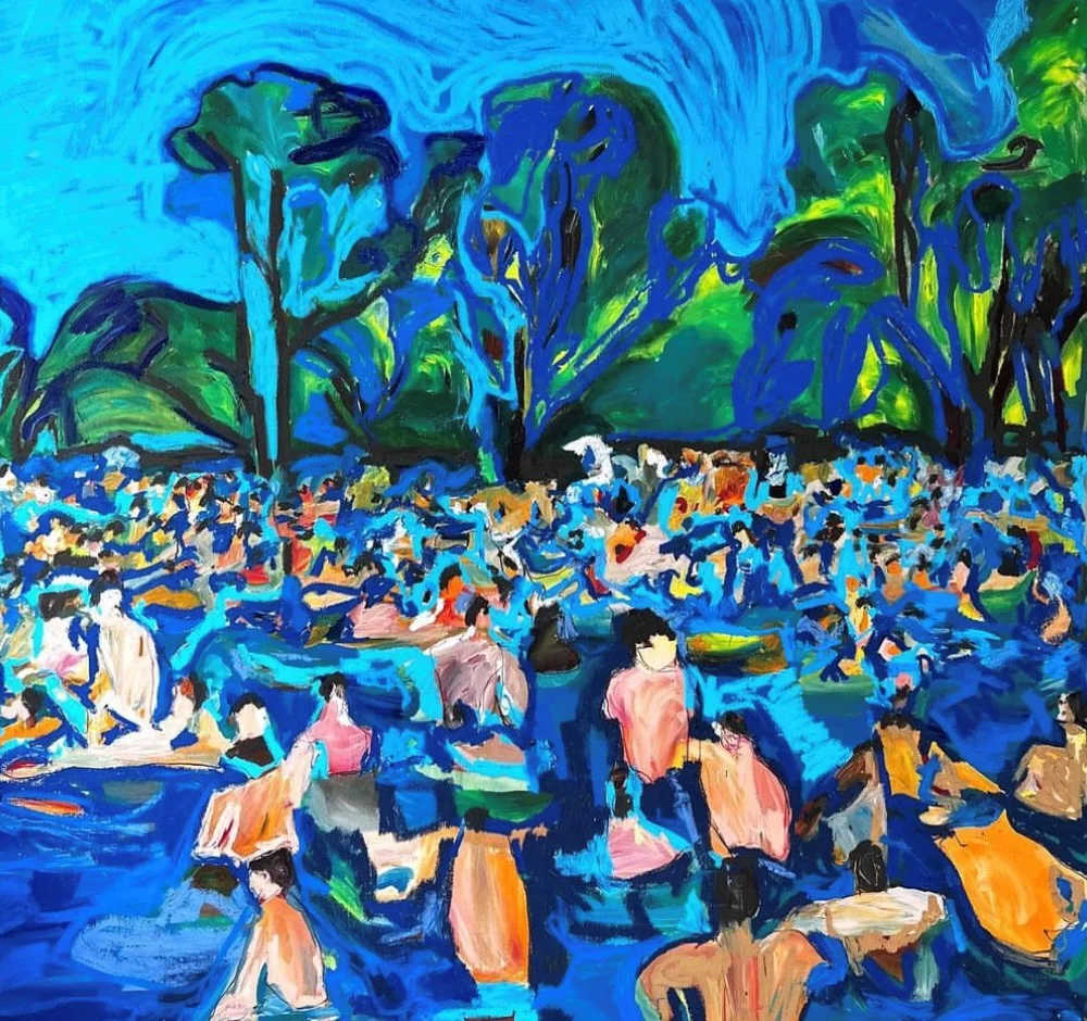 A painting of a crowded swimming pool in thick strokes of blue, green, and orange