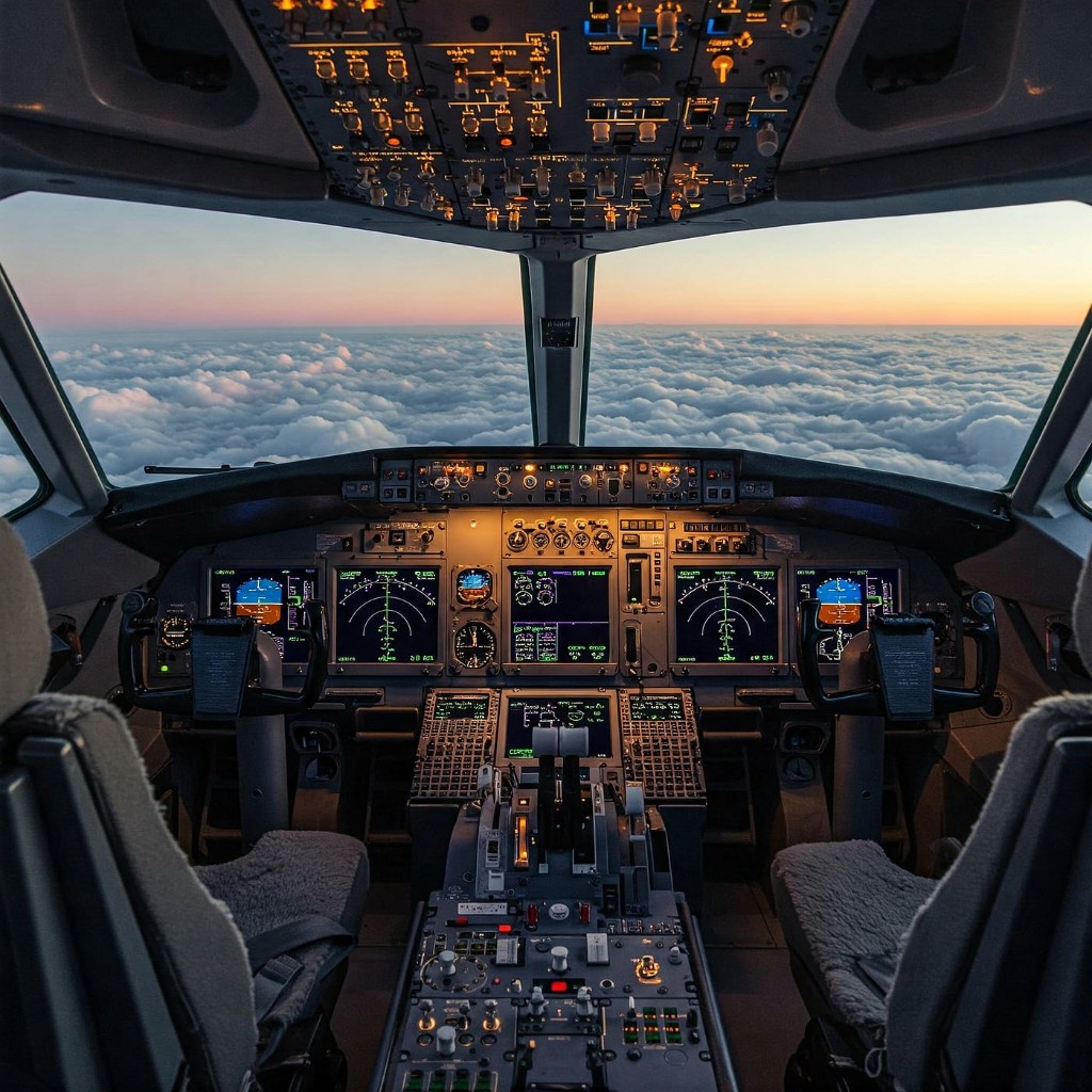 The view from an aircraft cockpit at dusk