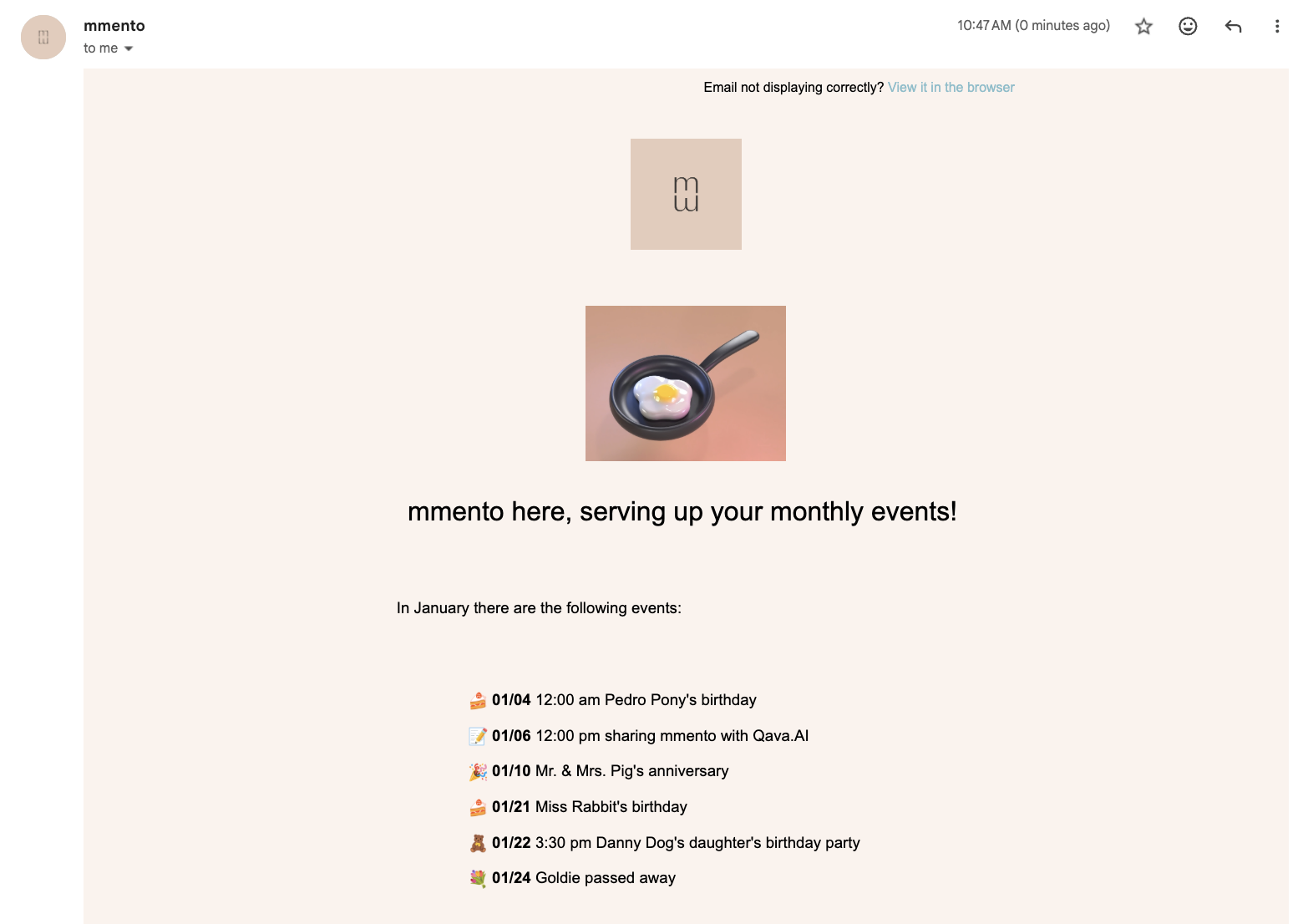 mmento monthly events email
