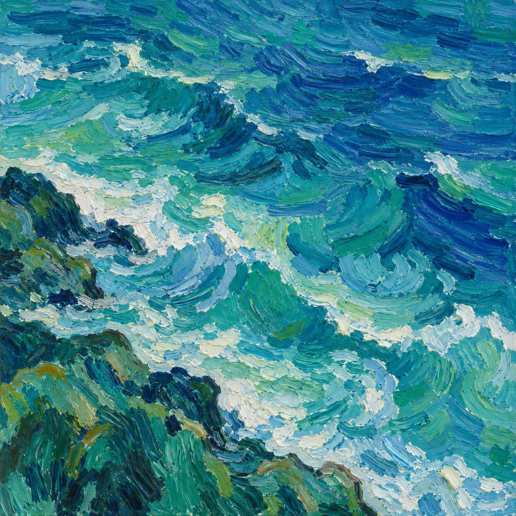 Impressionist oil painting of rolling ocean waves in blue and green