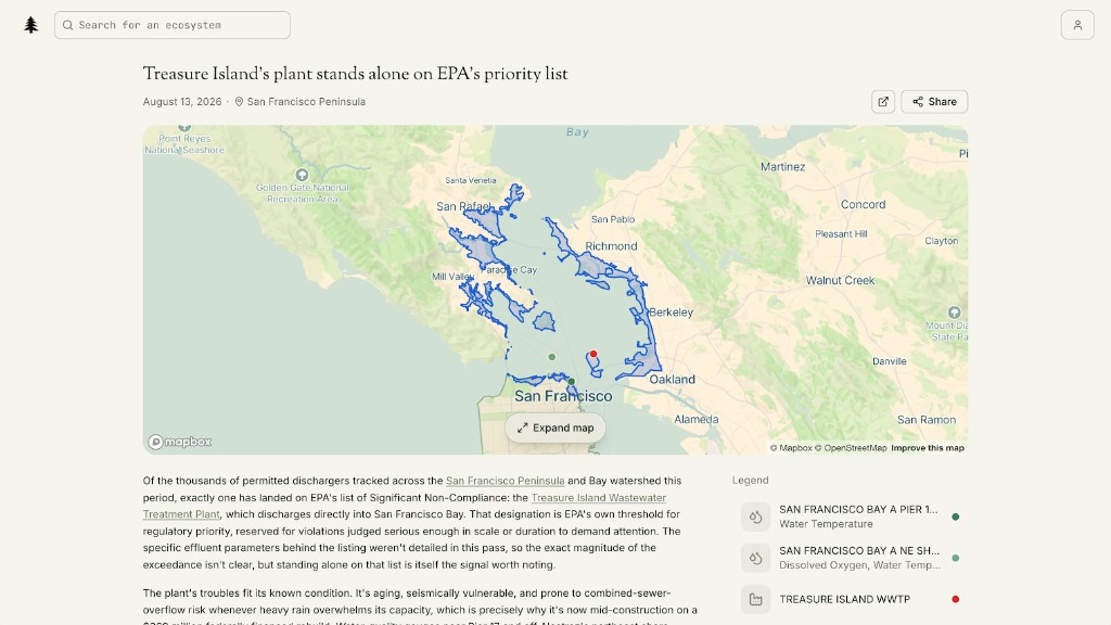 Speak for the Trees report on Treasure Island's wastewater plant standing alone on the EPA's priority list, with a map of the San Francisco Peninsula