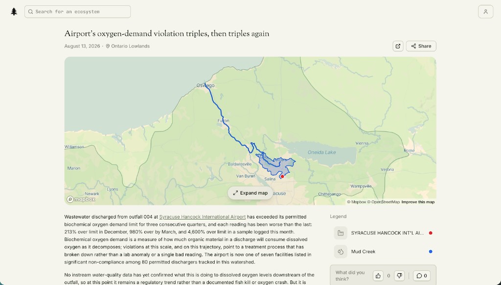 Speak for the Trees field report on the Syracuse airport oxygen-demand violation, with a map of Mud Creek and the Ontario Lowlands