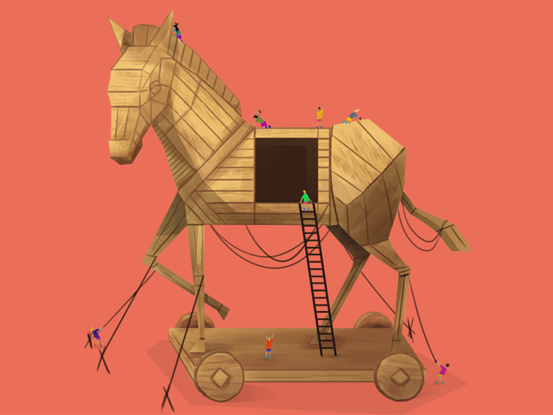 A wooden Trojan horse on wheels
